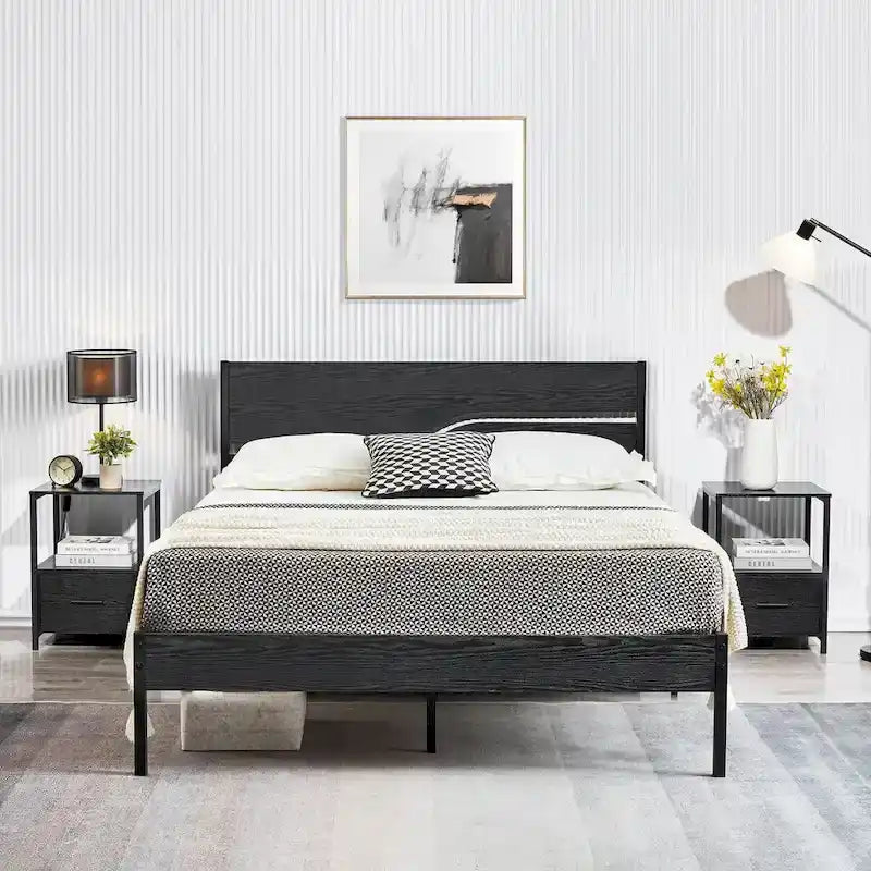 Javlergo Metal Platform Bed Frame with Wooden Headboard and Footboard, Industrial Metal Bedframe No Box Spring Needed