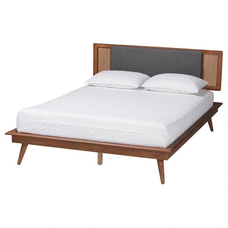 Delfina Mid-Century Modern Dark Grey Fabric and Walnut Brown Finished Wood Platform Bed
