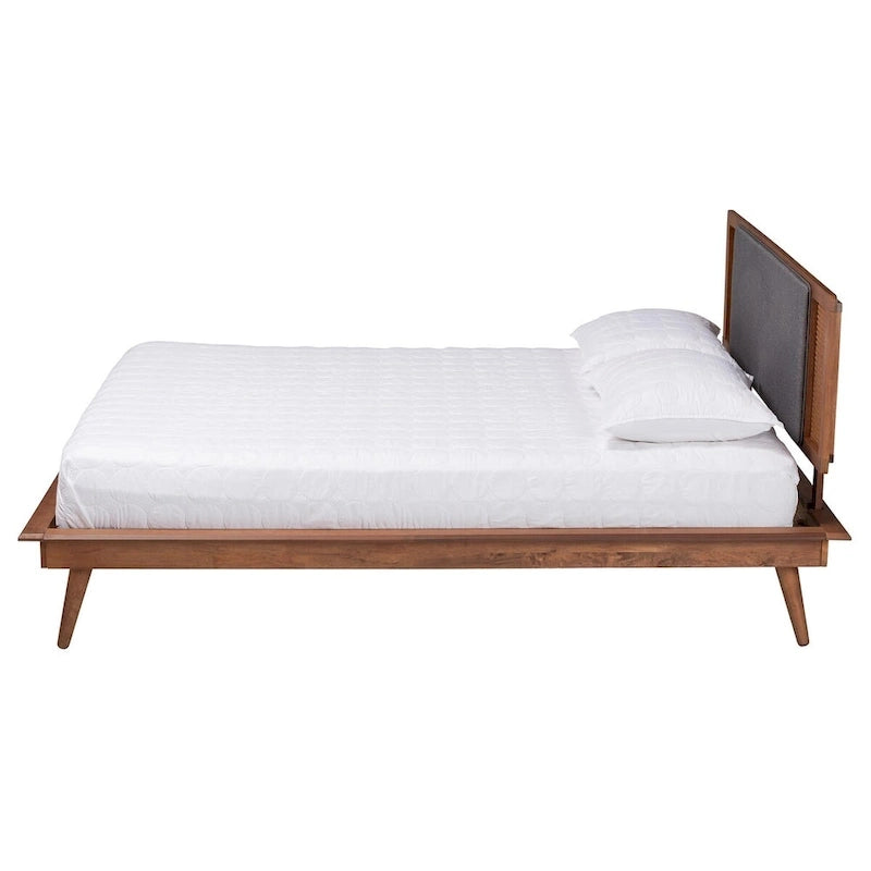 Delfina Mid-Century Modern Dark Grey Fabric and Walnut Brown Finished Wood Platform Bed