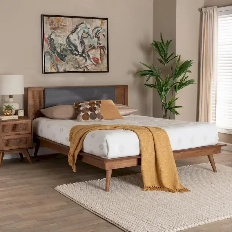 Delfina Mid-Century Modern Dark Grey Fabric and Walnut Brown Finished Wood Platform Bed