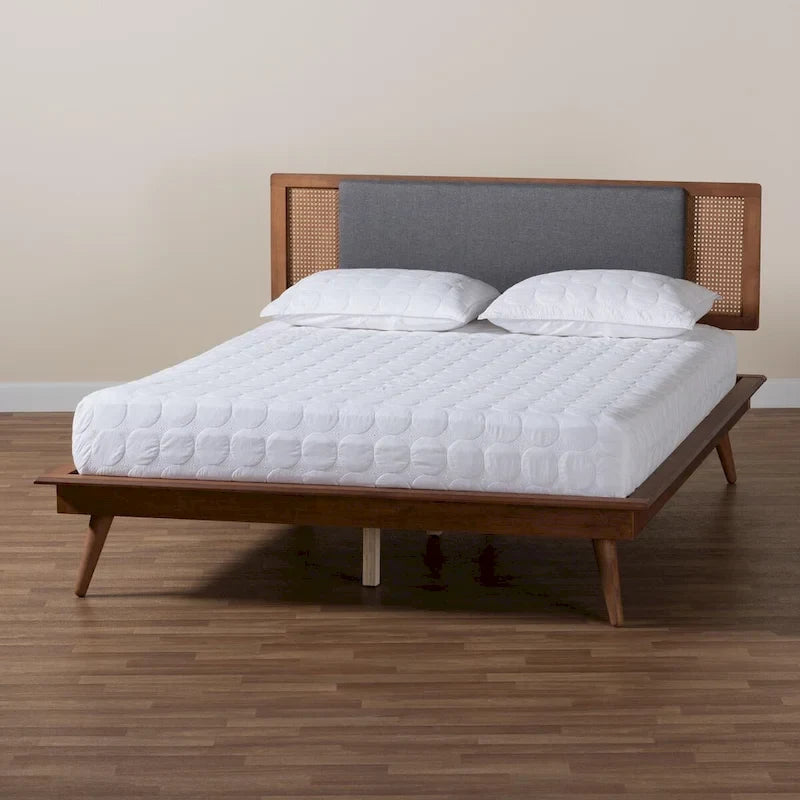 Delfina Mid-Century Modern Dark Grey Fabric and Walnut Brown Finished Wood Platform Bed