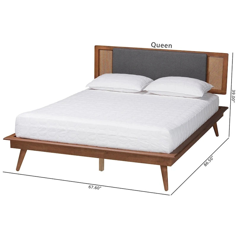 Delfina Mid-Century Modern Dark Grey Fabric and Walnut Brown Finished Wood Platform Bed