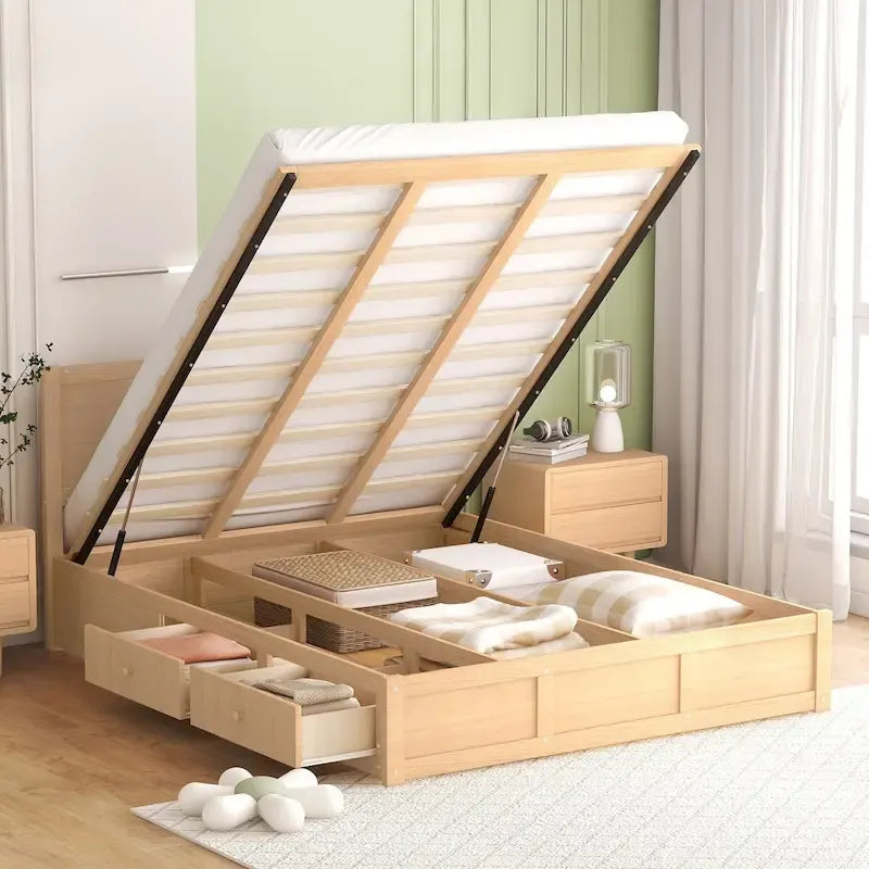Wood Platform Bed with Underneath Storage and 2 Drawers