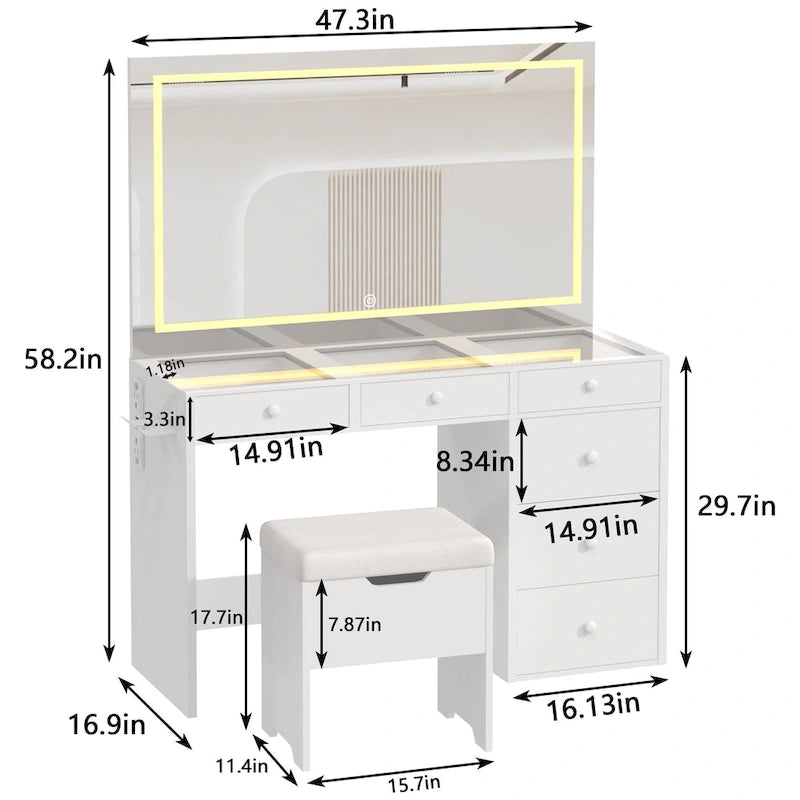 Javlergo Vanity Desk Set with LED Lighted Mirror & Power Outlet & 6 Drawers, Makeup Table and Storage Stool for Bedroom, White