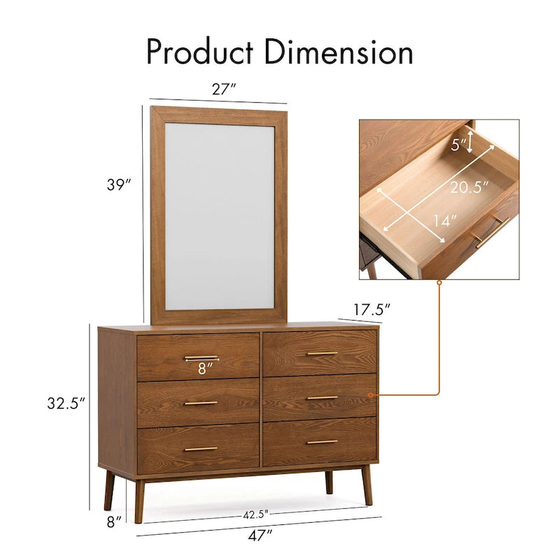 Furniture of America Beau Midcentury Walnut 2-Piece Dresser and Mirror Set
