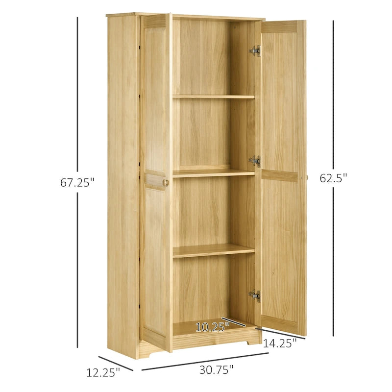 67 Pinewood Kitchen Pantry Storage Cabinet, Freestanding Cabinets with Doors and Shelf Adjustability, Soft-Close Mechanism