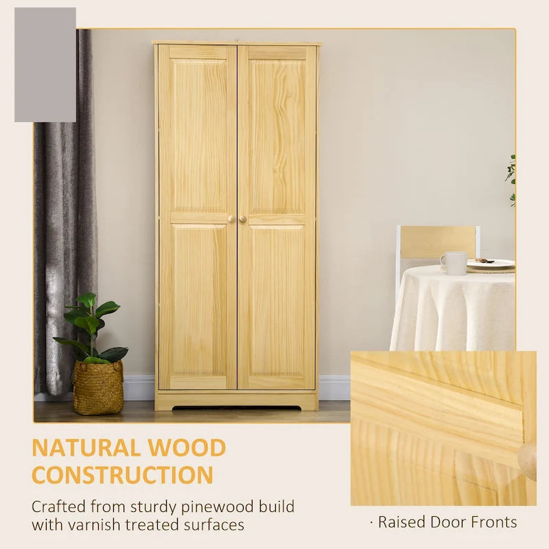 67 Pinewood Kitchen Pantry Storage Cabinet, Freestanding Cabinets with Doors and Shelf Adjustability, Soft-Close Mechanism