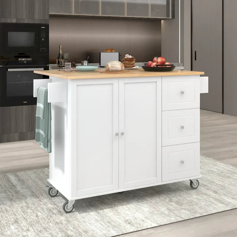 White Rolling Kitchen Island Solid Wood Top, Locking Wheels, Storage & More