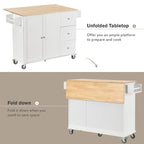 White Rolling Kitchen Island Solid Wood Top, Locking Wheels, Storage & More