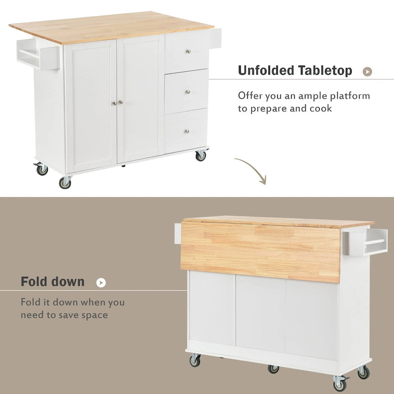 White Rolling Kitchen Island Solid Wood Top, Locking Wheels, Storage & More