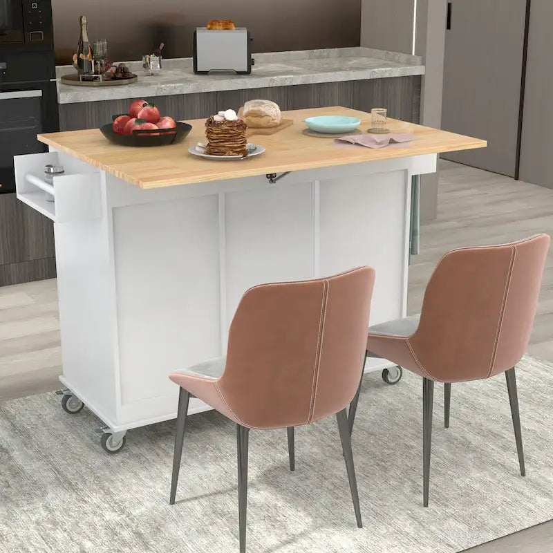 White Rolling Kitchen Island Solid Wood Top, Locking Wheels, Storage & More