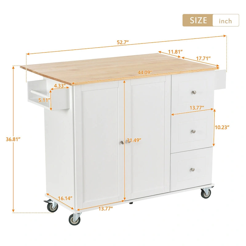 White Rolling Kitchen Island Solid Wood Top, Locking Wheels, Storage & More
