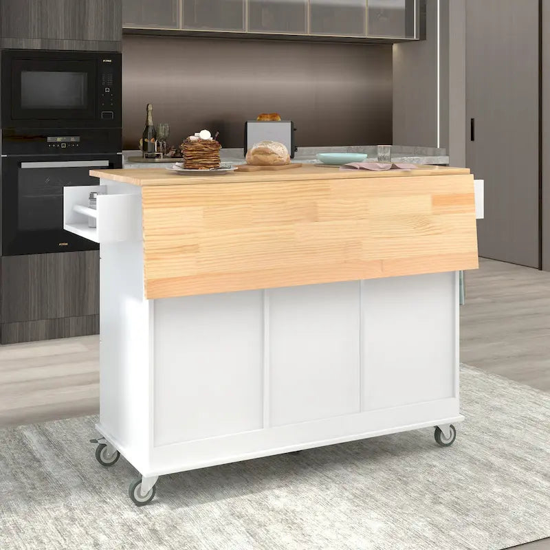 White Rolling Kitchen Island Solid Wood Top, Locking Wheels, Storage & More
