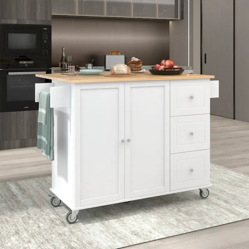 White Rolling Kitchen Island Solid Wood Top, Locking Wheels, Storage & More
