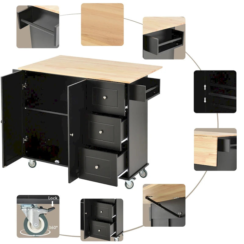 White Rolling Kitchen Island Solid Wood Top, Locking Wheels, Storage & More