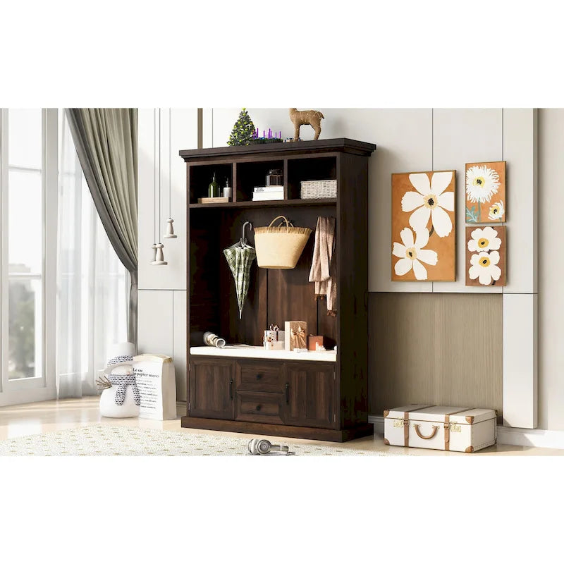 3-in-1 Design Hall Tree with 3 Hooks and Storage Bench - 47.24W x 70.9H x 15.74D