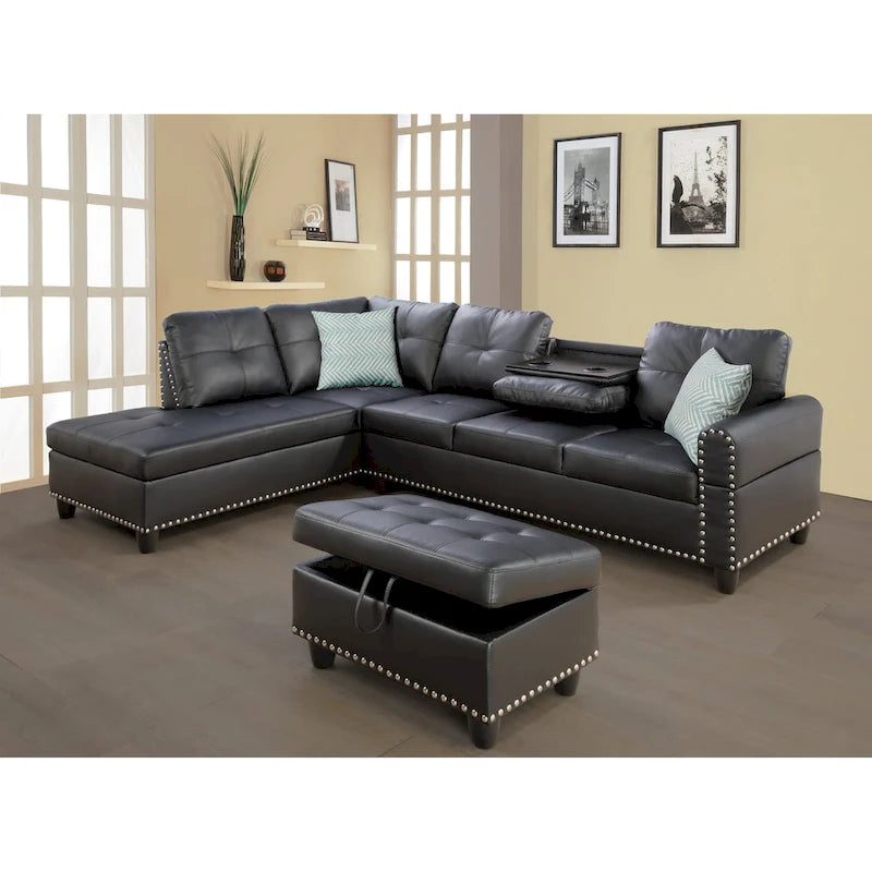 Irine Faux Leather Sectional Sofa with Ottoman - 98W x 71D x 33H