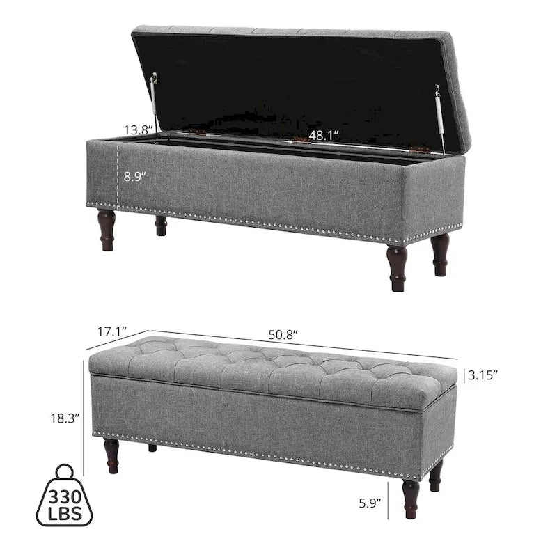 COZYMAN Tufted Storage Bench, Upholstered Ottoman with Storage - 50.8 W X 17.1 D X 18.3 H