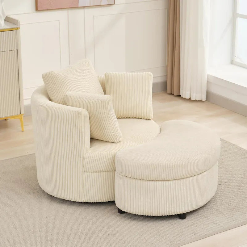 Corduroy Accent Chair, Barrel Chair with Ottoman and Back Cushions for Living Room