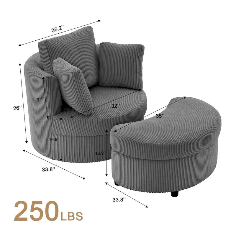 Corduroy Accent Chair, Barrel Chair with Ottoman and Back Cushions for Living Room