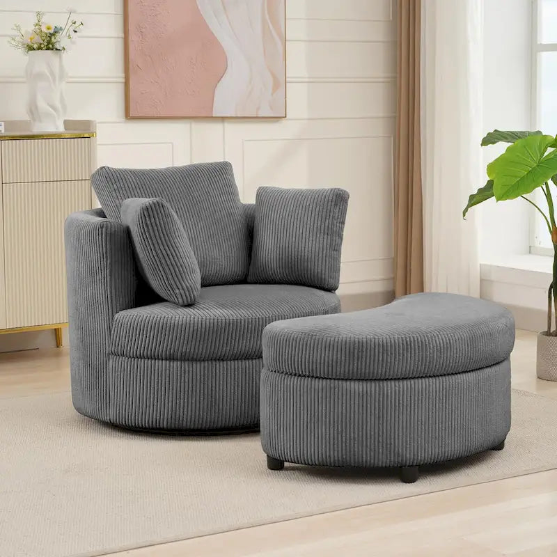 Corduroy Accent Chair, Barrel Chair with Ottoman and Back Cushions for Living Room