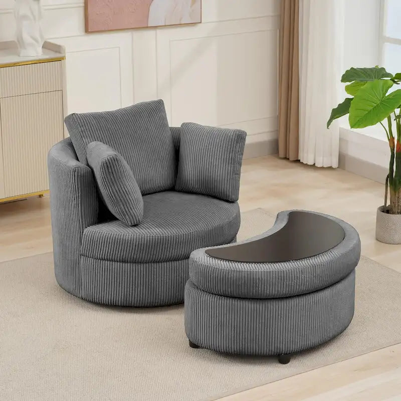Corduroy Accent Chair, Barrel Chair with Ottoman and Back Cushions for Living Room