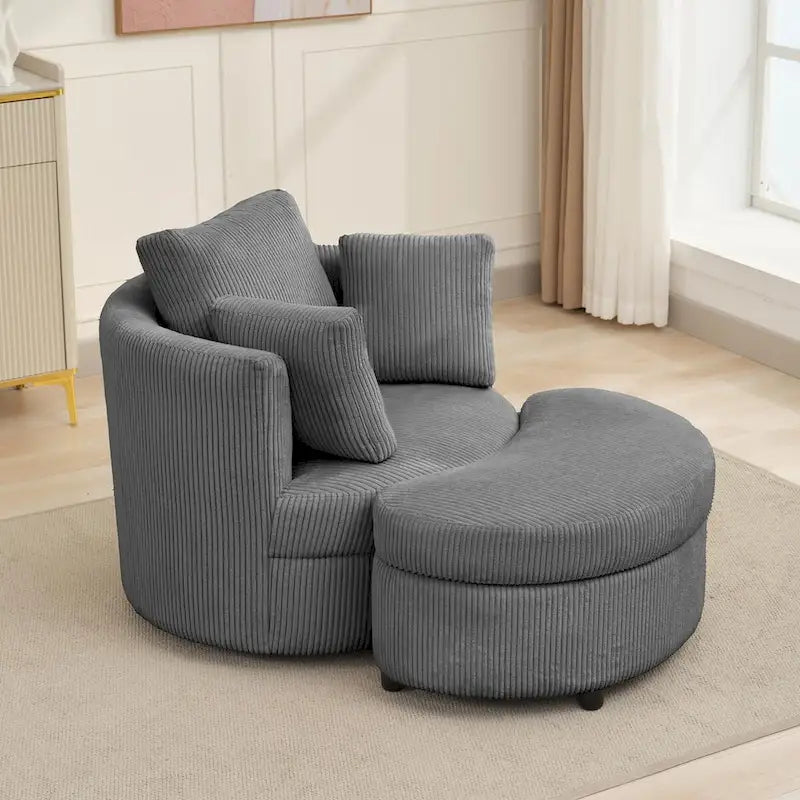 Corduroy Accent Chair, Barrel Chair with Ottoman and Back Cushions for Living Room