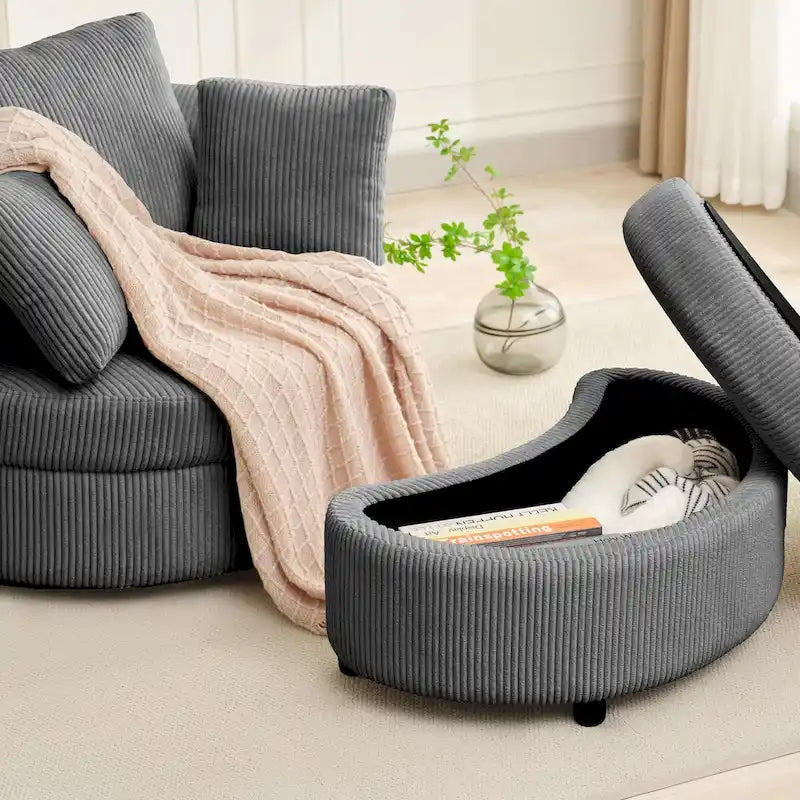 Corduroy Accent Chair, Barrel Chair with Ottoman and Back Cushions for Living Room