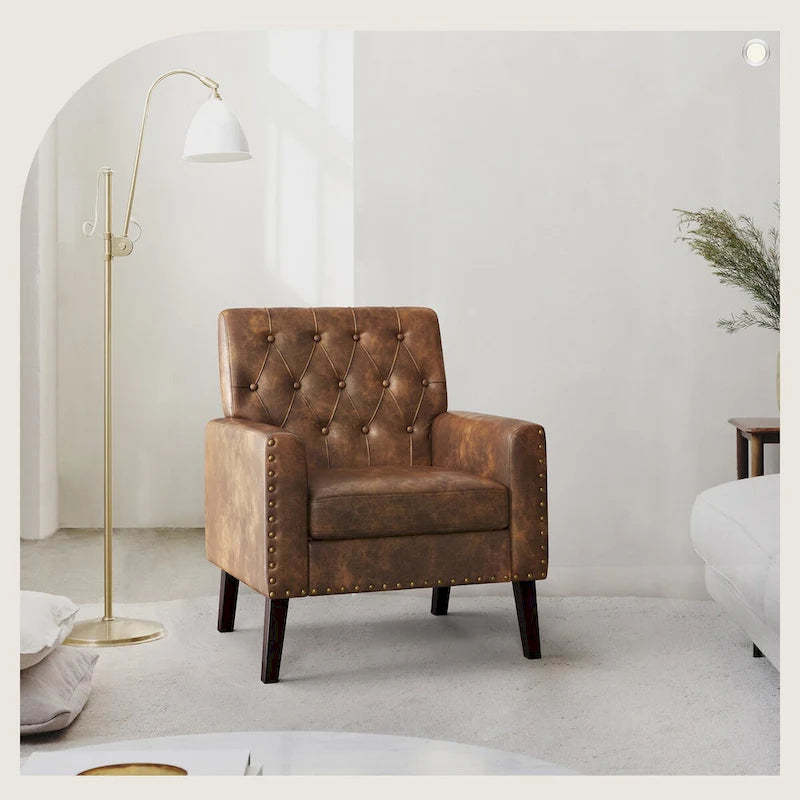 LUE BONA Linen and Walnut Legs Mid Century Modern Button Tufted Accent Chair - 29.53 H X 30 W X 33.07 D