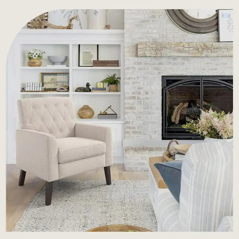 LUE BONA Linen and Walnut Legs Mid Century Modern Button Tufted Accent Chair - 29.53 H X 30 W X 33.07 D