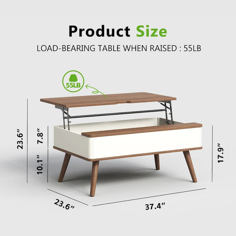 Elevatelux Rectangle Lift Top Square Coffee Table With Storage 37 x 23.5