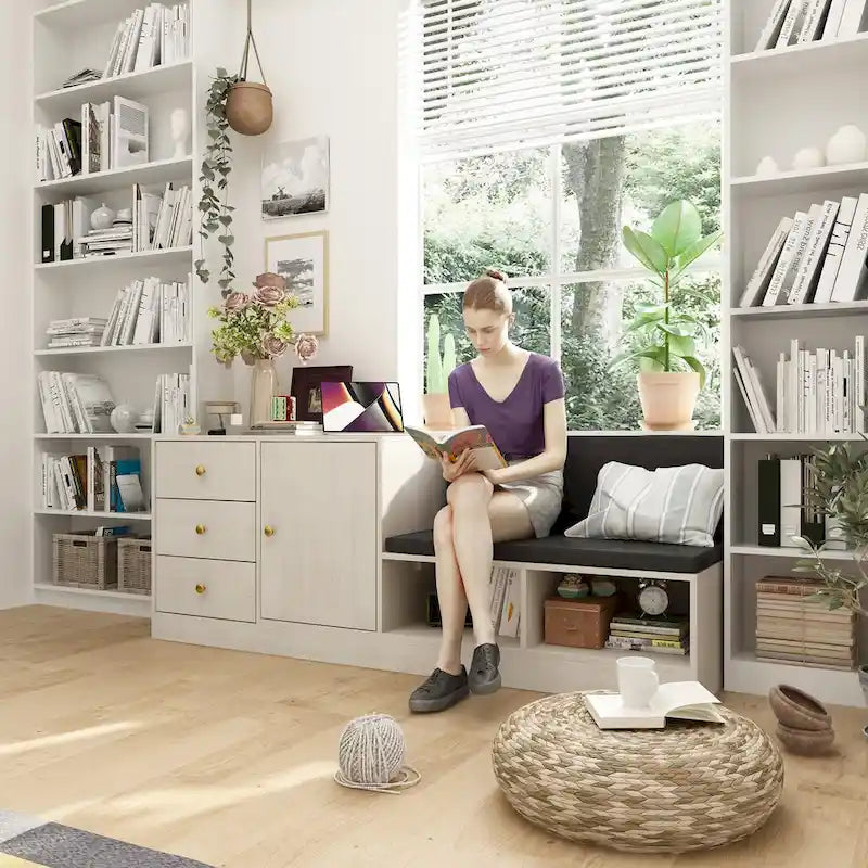 White Entryway Shoe Storage Bench with Black Cushion and Drawers