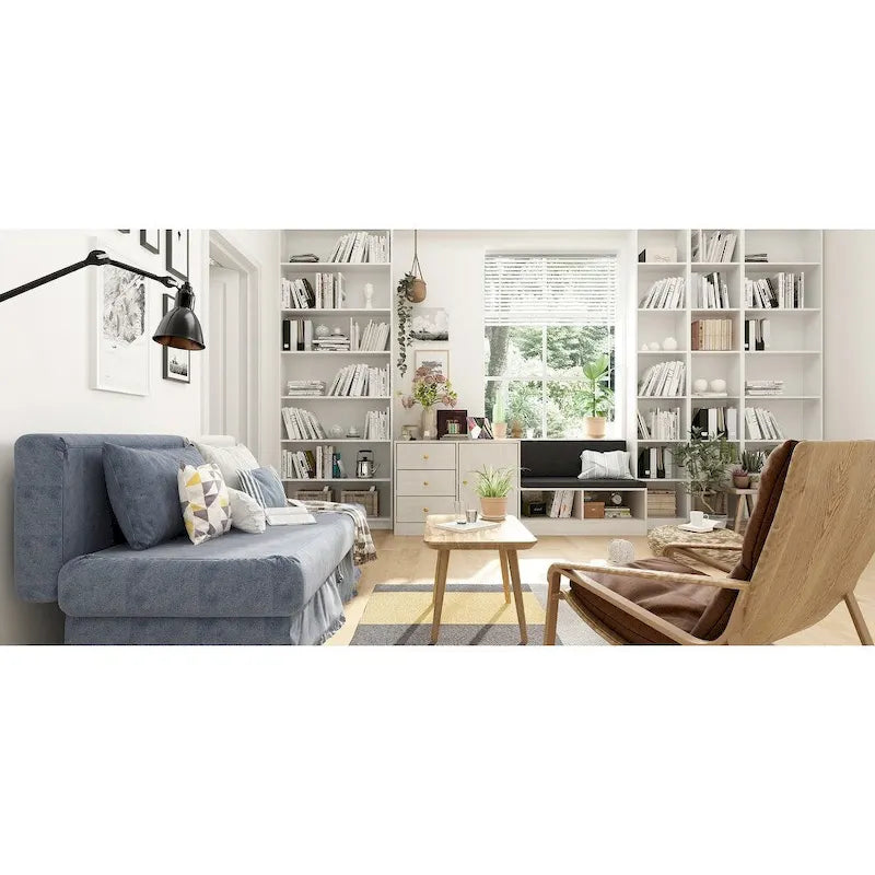 White Entryway Shoe Storage Bench with Black Cushion and Drawers