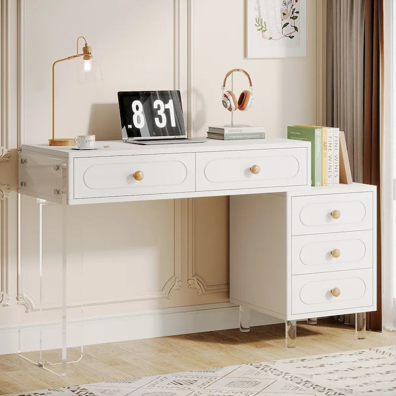 White 5-Drawer Computer Writing Desk with Acrylic Base for Home Office