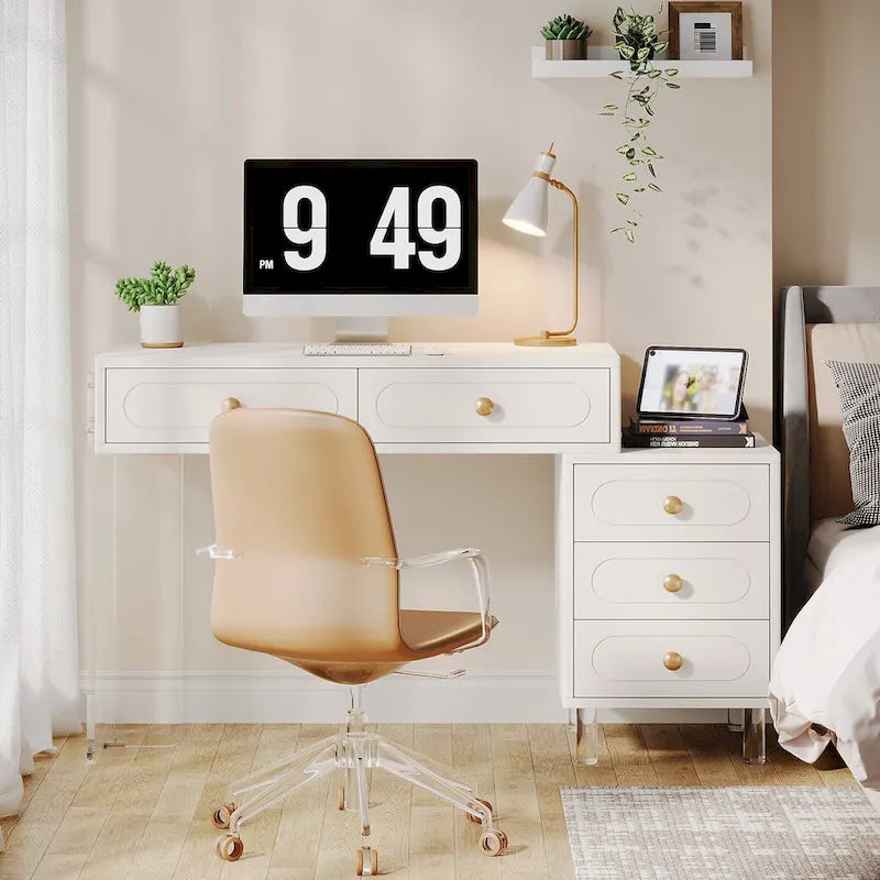 White 5-Drawer Computer Writing Desk with Acrylic Base for Home Office