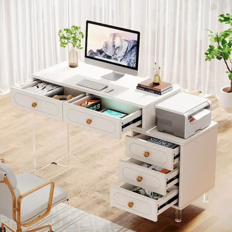 White 5-Drawer Computer Writing Desk with Acrylic Base for Home Office