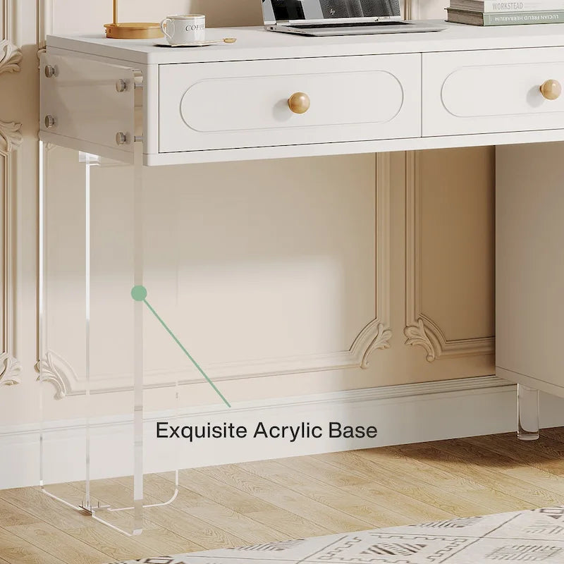 White 5-Drawer Computer Writing Desk with Acrylic Base for Home Office