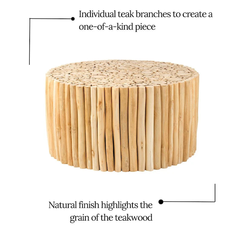 Round Natural Brown Solid Teak Wood Branch Bundle Coffee Table by East at Main