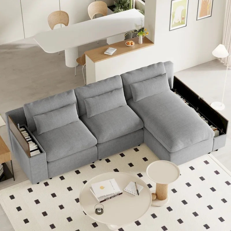 L-shaped Modular Sectional Sofa with Removable Back Cushions and Storage Space