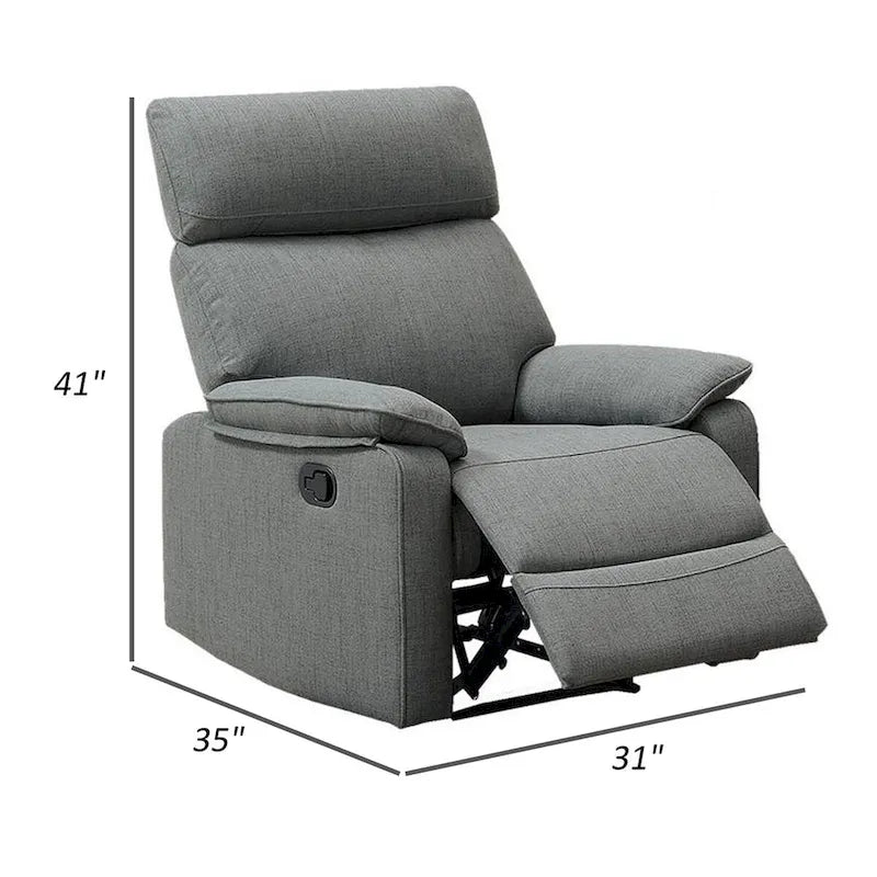 Fery 35 Inch Manual Recliner Chair, Gray Burlap, Cushioned Seat, Solid Wood