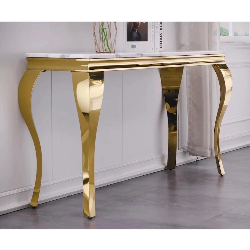 Luxury White and Gold Console Table with Polished Gold Cabriole Legs