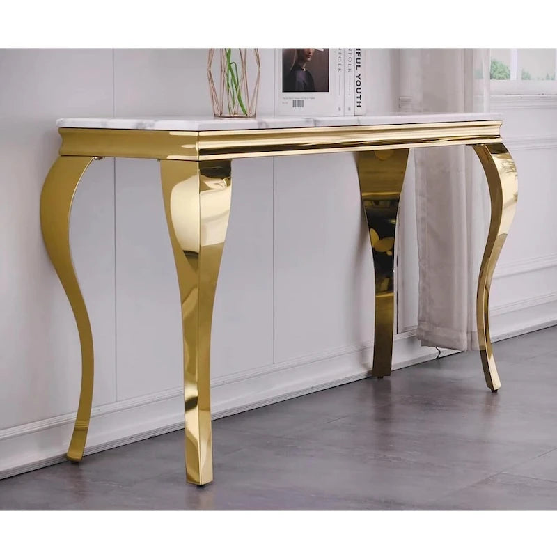 Luxury White and Gold Console Table with Polished Gold Cabriole Legs