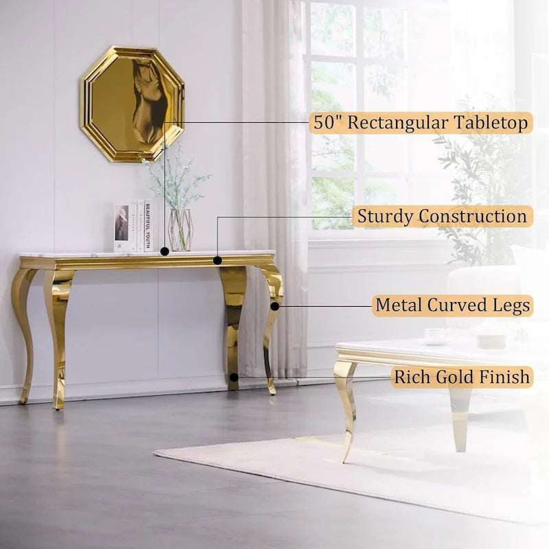 Luxury White and Gold Console Table with Polished Gold Cabriole Legs