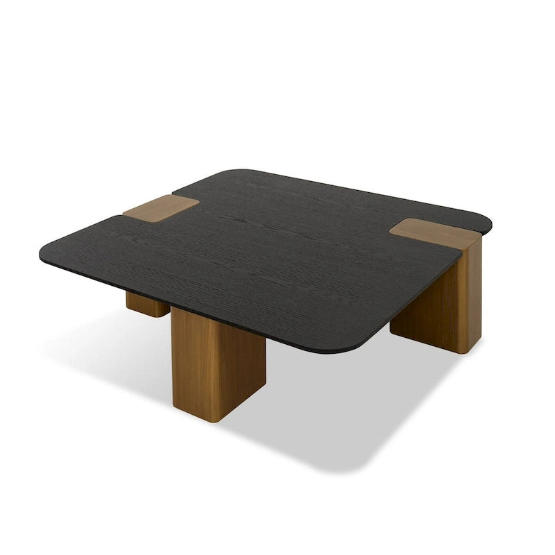 Cid Casy 39 Inch Coffee Table, Square Black Veneer, Brushed Gold Block Legs