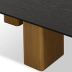 Cid Casy 39 Inch Coffee Table, Square Black Veneer, Brushed Gold Block Legs