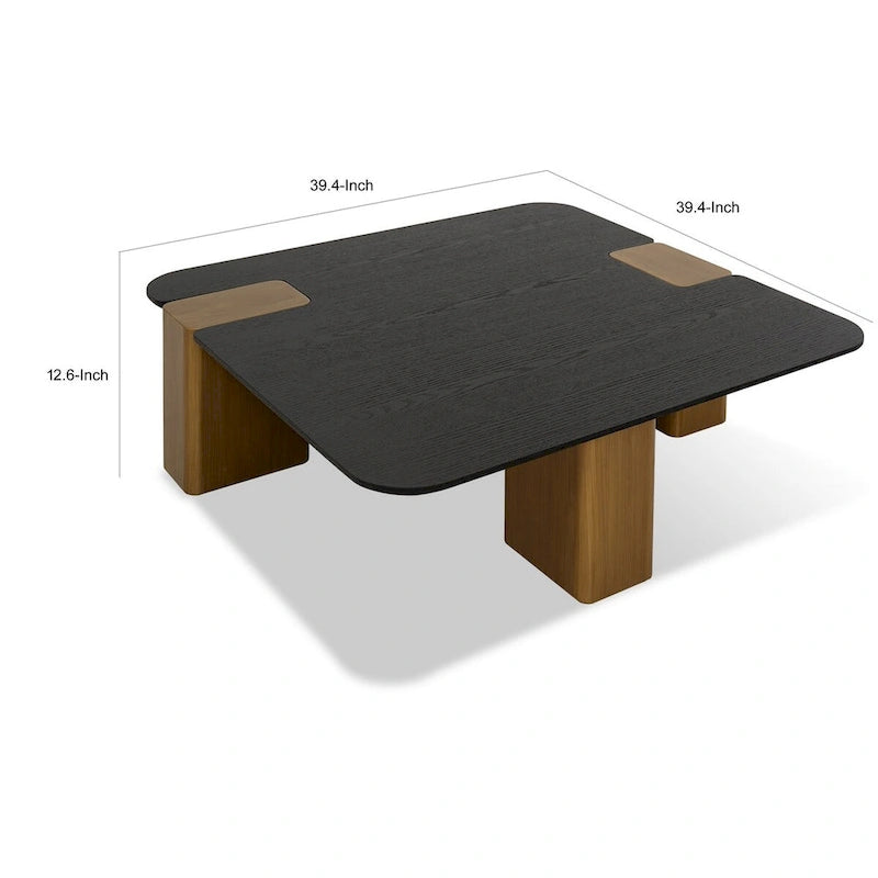 Cid Casy 39 Inch Coffee Table, Square Black Veneer, Brushed Gold Block Legs