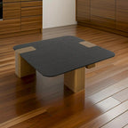 Cid Casy 39 Inch Coffee Table, Square Black Veneer, Brushed Gold Block Legs