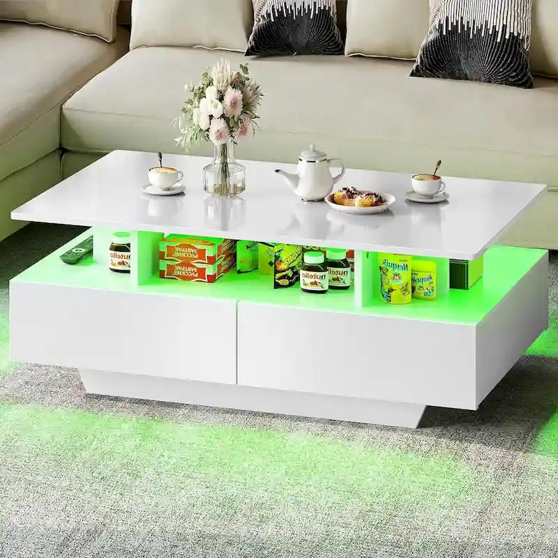 Moasis Modern Glossy Coffee Table with Drawers & LED Lights for Living Room