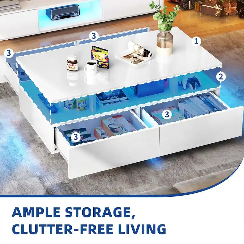 Moasis Modern Glossy Coffee Table with Drawers & LED Lights for Living Room