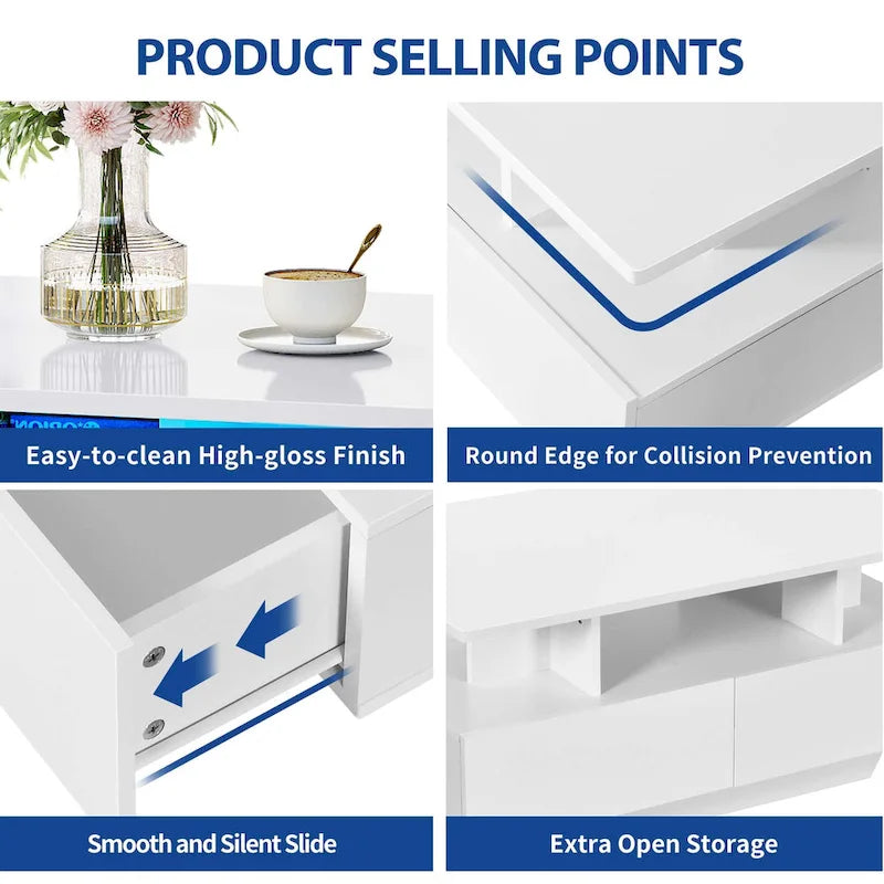 Moasis Modern Glossy Coffee Table with Drawers & LED Lights for Living Room